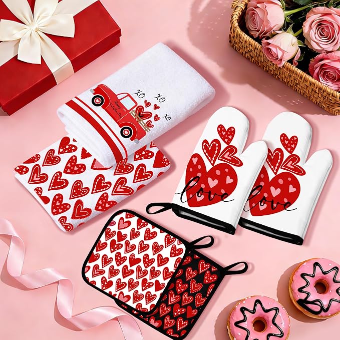 8 Pcs Red Heart Kitchen Decor and Accessories Set 4, Kitchen Dish Towels, Red Love Heart 2 Oven Mitt 2 Pot Holders for Home Decoration Cooking Baking, Mom Daughter Gift Housewarming