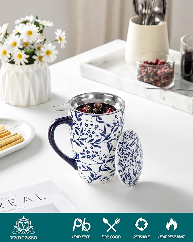 vancasso SELENE Porcelain Tea Mug, 18 oz Porcelain Tea Cup with Infuser and Lid Steeps Loose Leaf Tea, Microwave & Dishwasher Safe, Delicate Floral
