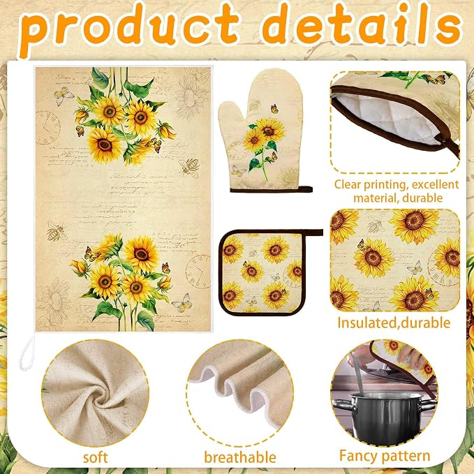 7 Pcs Sunflower Kitchen Linen Set Includes Apron 2 Towels Oven Mitt 2 Pot Holders Cottage core Kitchen Decor Gift