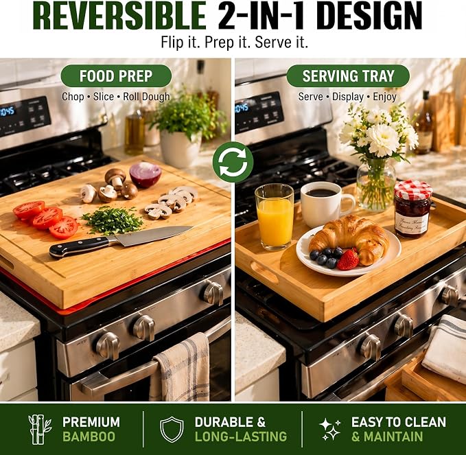 Bamboo Noodle Board Stove Top Cover 30x22 in Reversible 4-Piece Set | Wooden stovetop cover for gas & electric stove, cutting board with juice groove & handles, silicone mat, 2 trays, 8 pads