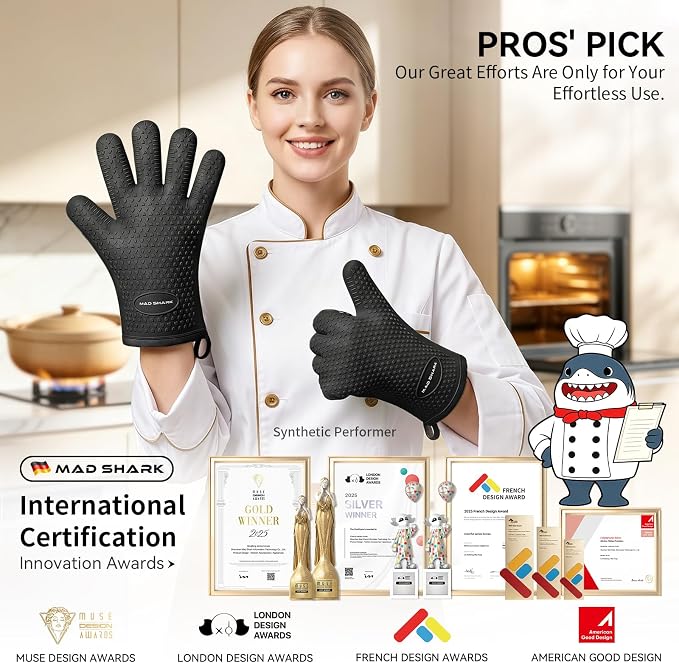 MAD SHARK Silicone Oven Mitts with Fingers Heat Resistant 450°F in Kitchen | Waterproof & Non-Slip Oven Gloves,Cotton Lined Silicone Kitchen Mitts for Baking Cooking Barbecue,Women (Black)