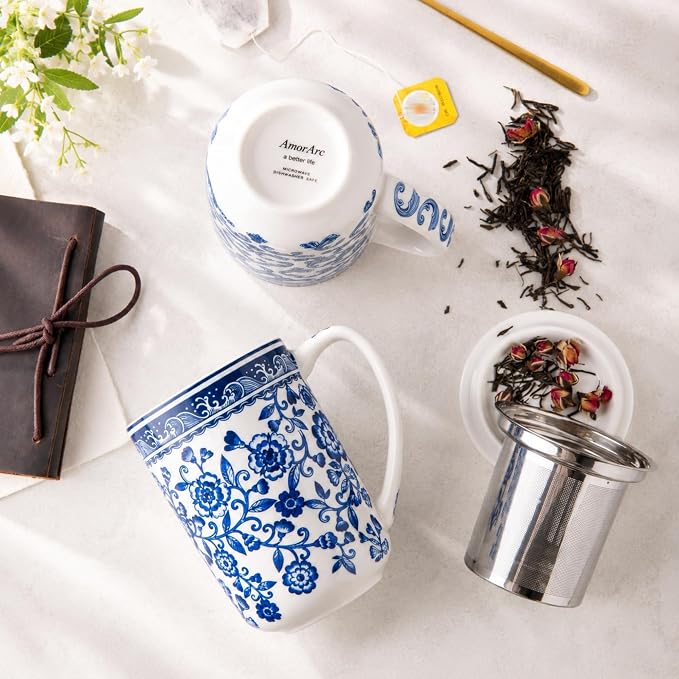 AmorArc Tea Cup With Infuser and Lid, 18oz Loose Leaf Tea Mug With Steeper | Porcelain Tea Mug With Infuser and Lid, Large Strainer Tea Cup with Lid for Tea, Coffee Mug for House-warming Birthday Gift