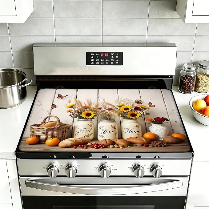 Farmhouse Flowers Stove Top Covers for Electric Stove,Rustic Bread Food Glass Top Stove Cover, Heat Resistant Range Covers for Electric Stove,Washable Countertop Mat, 28 x 20 Inch