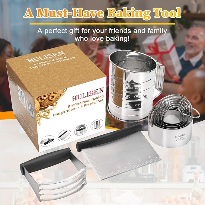 HULISEN 5-Pc Biscuit Cutters, Flour Sifter, Pastry Scraper, Dough Blender | Stainless Steel, Dishwasher Safe, Etched inch/cm Markings, Gift Package, Ergonomic Rubber Grip, Professional Baking Tools