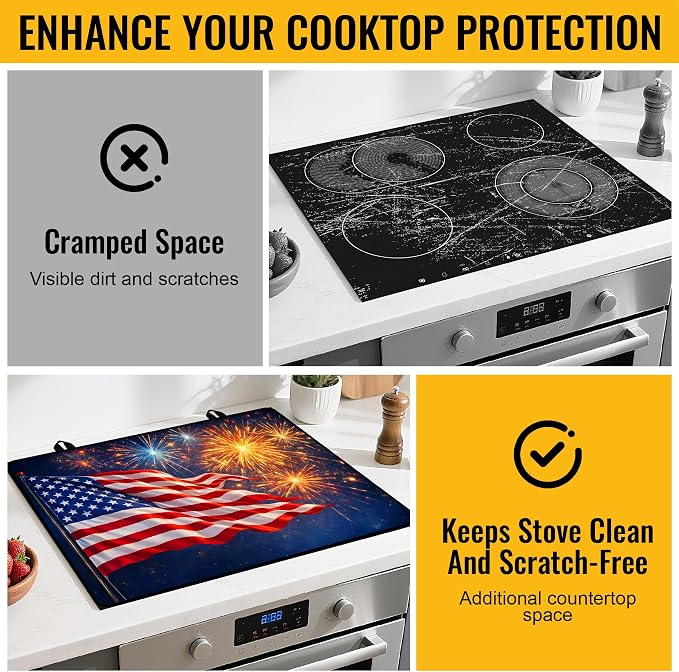 NYZE American Flag Stove Cover 4th of July Stove Top Cover for Electric Stove Fireworks Decorative Flat Top Protector for Kitchen Counter 28x20 Inch