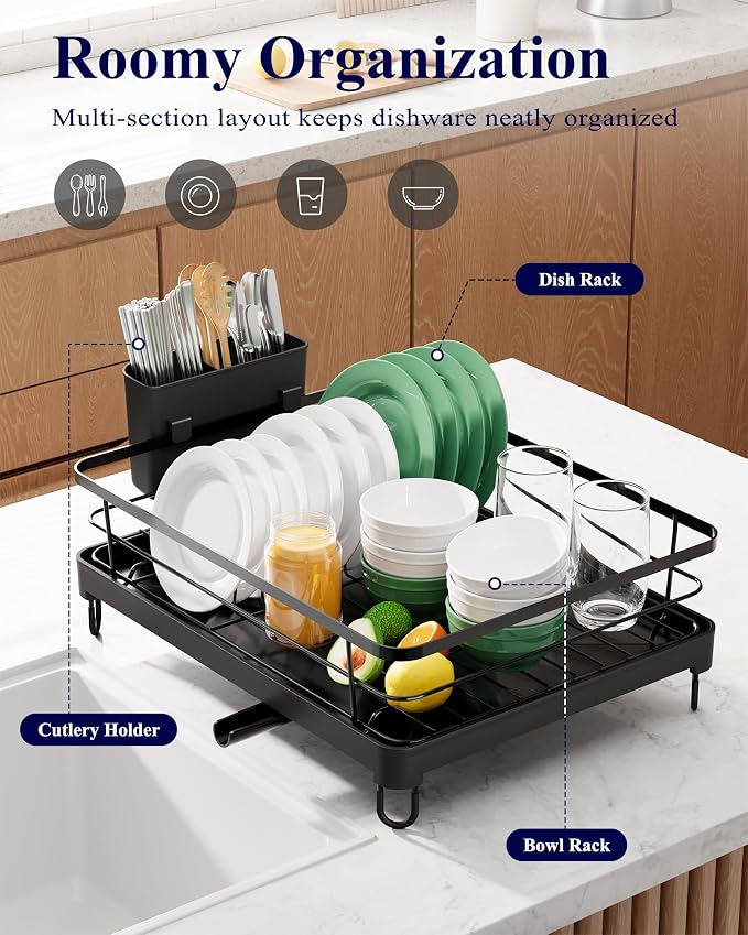 Kitsure Dish Drying Rack for Kitchen Counter, 12.7''W x 16.7''L, Black | Stainless Steel Sink Organization, Cutlery Holder, Home and Appartment Decor
