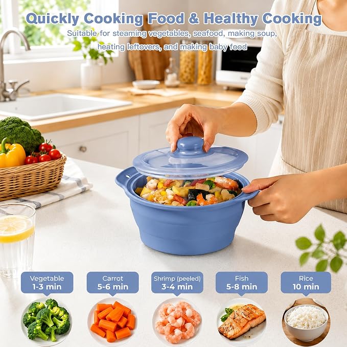 42oz Silicone Microwave Food Steamer with Steam Basket, Collapsible Steamer for Cooking Vegetable, Seafood, Dumplings, Rice Cooker, BPA Free Steam Pot with Handle & Lid, Dishwasher Safe (Dark Blue)