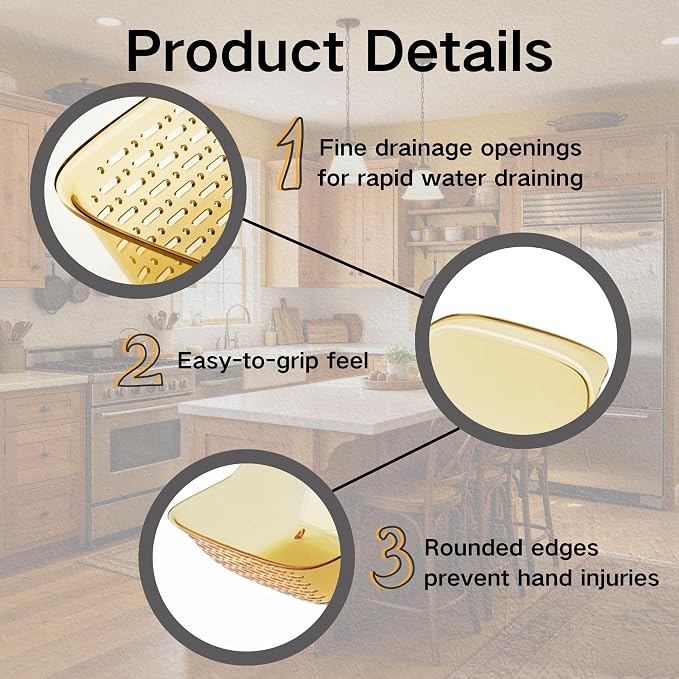 2 in 1 Rice Washer, Colander Strainer Baskets, 3 Pack Orange | Double-sided filter, Food Grade PET, Fruit Vegetable Soak Drain, Multipurpose Kitchen Countertop Draining Bowl