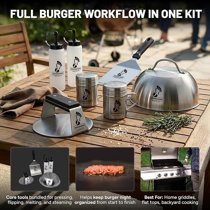 Sasquash Burger Press Kit, Smash Burger Set, Stainless Steel, 5 Piece | Includes Melting Dome, Turner, And Two Squirt Bottles, Complete Griddle And Grill Cooking Bundle Package, Cookout Gatherings