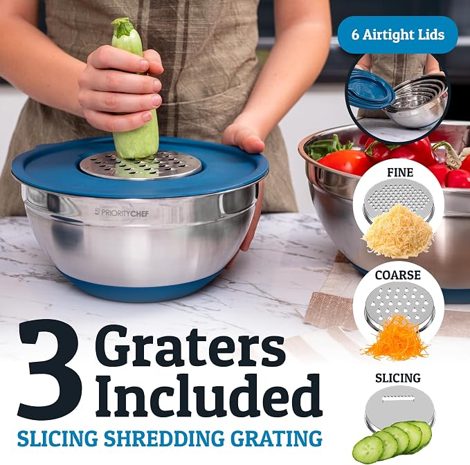 Priority Chef 6pc Stainless Steel Mixing Bowls with Lids Set, 7 Qt, Blue | Non-Slip Nesting Bowls, 3 Graters and Interior Measurement Marks; For Meal Prep, Baking and Airtight Fridge Storage