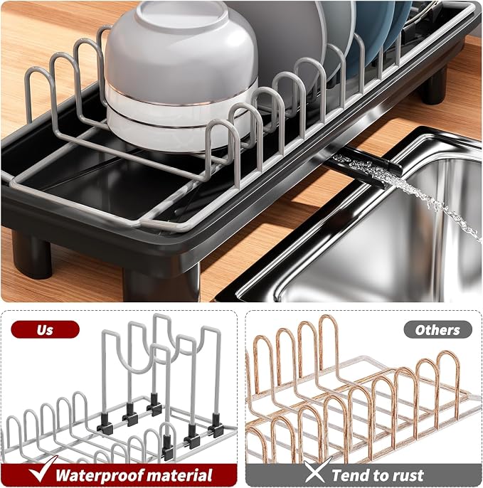 Small Dish Drying Rack, Stainless Steel with Drain Board & Utensil Holder | Anti-Scratch Base, Space Saving Design for Kitchen Counter, Black
