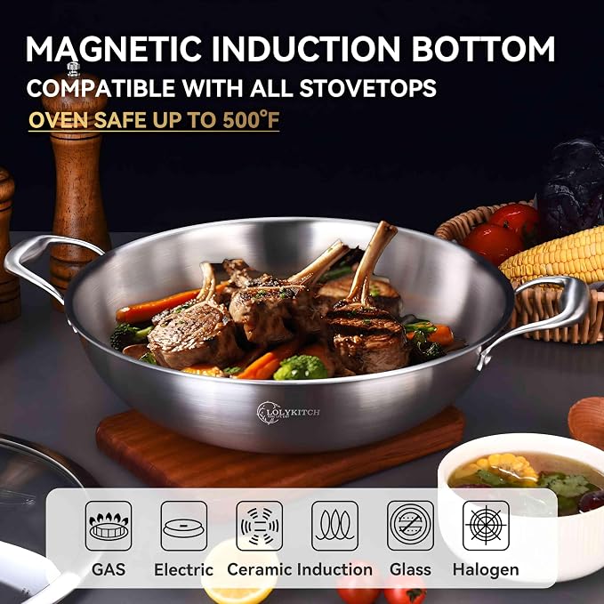 LOLYKITCH 14.5-Inch Stainless Steel Wok | Jumbo Cooker | Dual Handles | Large | Uncoated Tri-Ply Stir Fry Pan | Everyday Cooking Wok for Induction | Flat Bottom | PFOA-FREE | 6-8 Servings ﻿