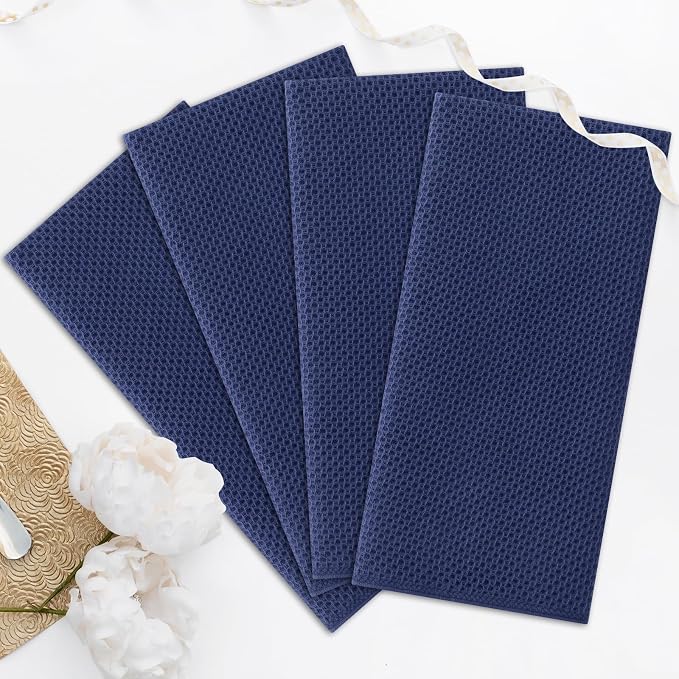 Kitinjoy 100% Cotton Waffle 4-Pack Kitchen Towels, 20" x 28", Navy Blue | Super Soft, Ultra-Absorbent, Fast Drying, lightweight, Quick Drying Kitchen Hand Towels