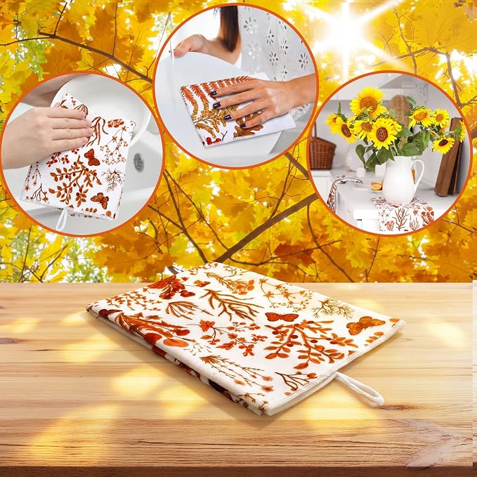 4 Pcs Fall Flower Kitchen Towels, Dark Orange Dish Towels Gift | Fast Drying Absorbent Dishcloths with Hanging Loop for Cleaning Cooking, Farmhouse Autumn Kitchen Decor Housewarming Gift