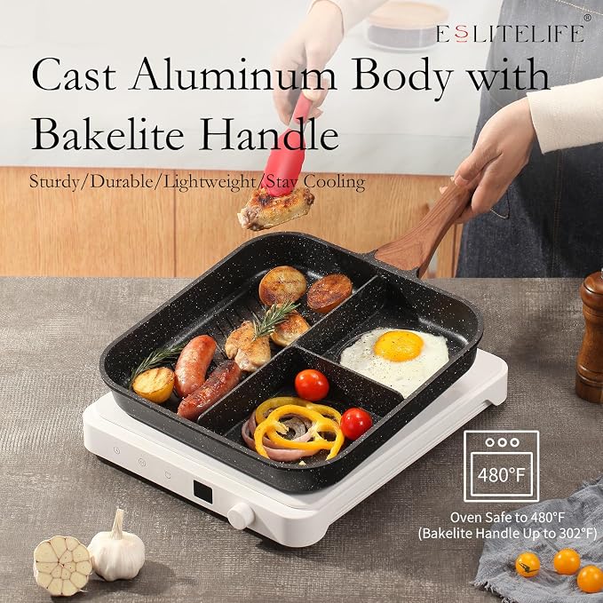 ESLITE LIFE Nonstick Divided Grill Pan for Stove Tops, 11 Inch Versatile 3-In-1 Breakfast Pan, Square Big Grilling Steak Pan for Indoor & Outdoor Cooking, PTFE & PFOA Free, Black