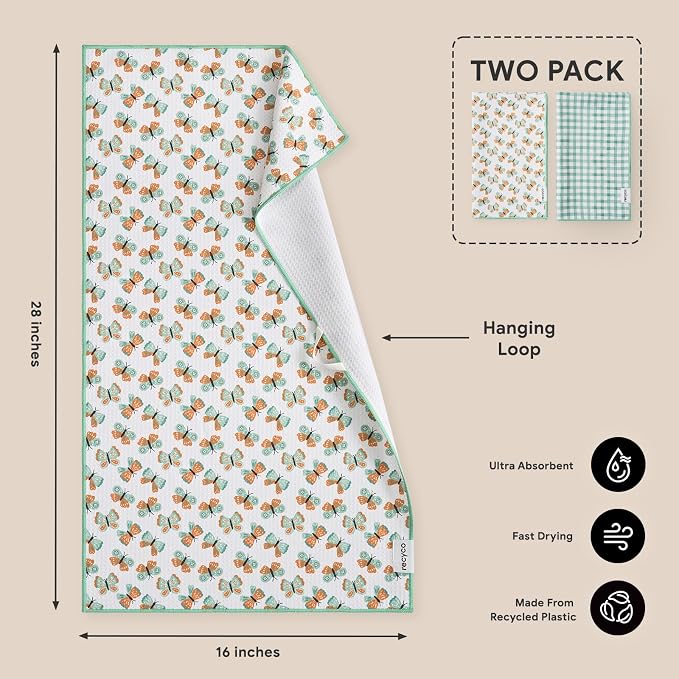 RECYCO Waffle Kitchen Towel Set of 2 - Quick Dry Microfiber Sustainable Dish Towels - Ultra Absorbent Reusable Cleaning Tea Towels - Lightweight Hand Towels,16”x 28”, Butterfly Gingham