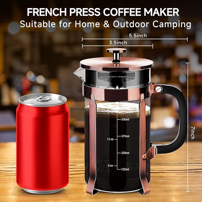 YMMIND French Press Coffee Maker 304 Stainless Steel Coffee Press,with 4 Filters System, Heat Resistant Thickness Borosilicate French Press Glass, BPA-Free Brewed Tea Pot Coffee Plunger(Copper 12oz)
