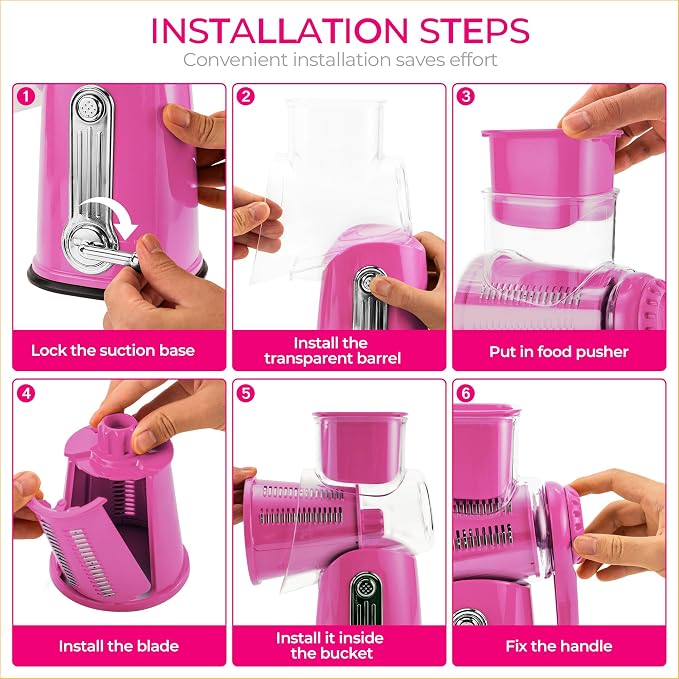 SUSTEAS Rotary Cheese Grater 5 Blades,Kitchen Mandoline Vegetable Slicer | Easy to Clean, Strong Suction Base, Blades Storage Box, Round Mandoline Slicer & Food Chopper for Cheese,Salad,Nut, Pink