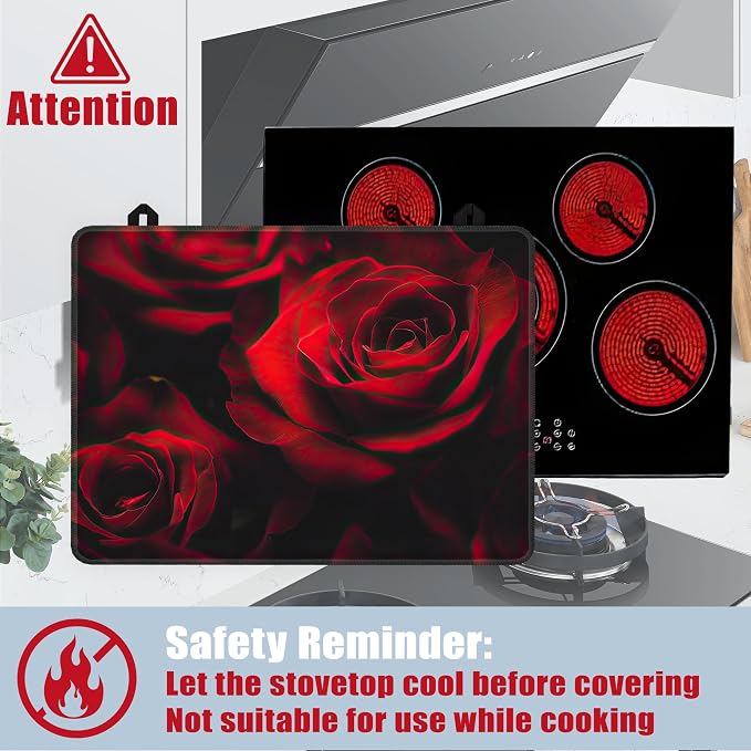 Stove Top Covers for Electric Stove,Red Rose Flower Flat Top Stove Cover,Retro Floral Heat Resistant Glass Top Stove Cover Protector Anti-Slip Range Covers, 28 x 20 Inch