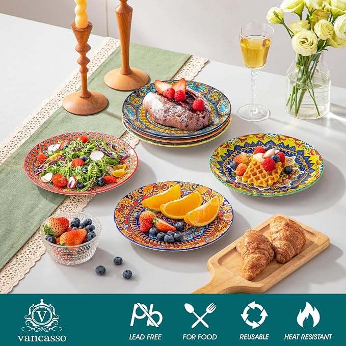 vancasso Colorful Dessert Plates Set of 6, 8.5 Inch Ceramic Salad Plates | Boho Small Dinner Plates, Bohemian Printed Kitchen Plate for Breakfast, Microwave & Dishwasher Safe Dishes, Series KRVI