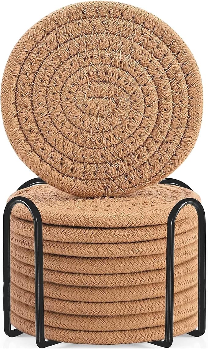 ABenkle Drink Coasters with Holder Set of 10, Cotton Woven Absorbent Coasters for Drinks, Minimalist Home Decor Coaster Set for Wooden Tabletop Protection Table, 4.3 inches