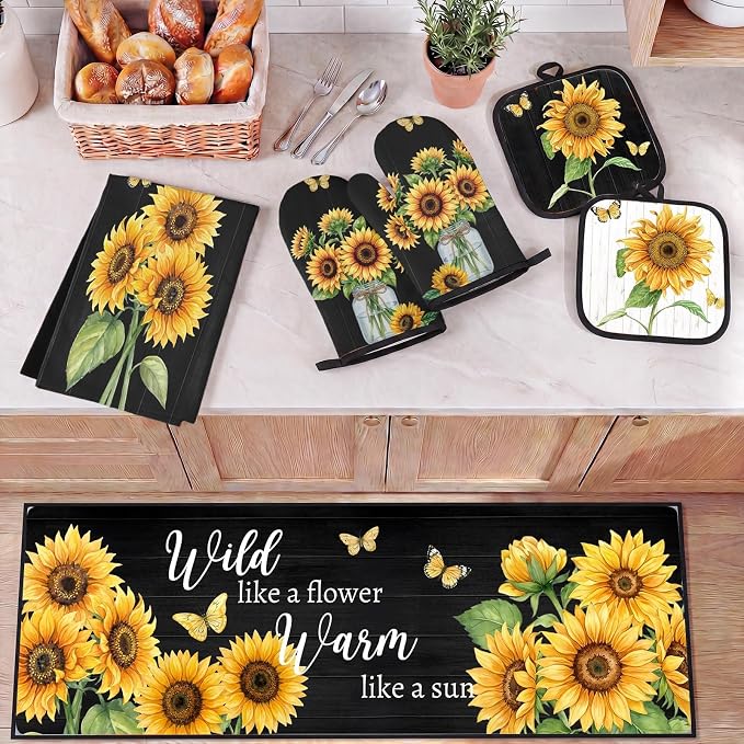 10 Pcs Kitchen Decor and Accessories Set, Sunflower | Floral Farmhouse 4 Dish Towels Kitchen Rugs 2 Oven Mitts 2 Pot Holders, Home Decor for Cooking Baking BBQ Housewarming