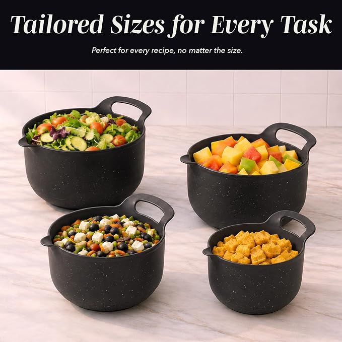 COOK WITH COLOR Nesting Plastic Mixing Bowl Set with Pour Spouts and Handles, Black Speckled, 4 Piece Non-Slip