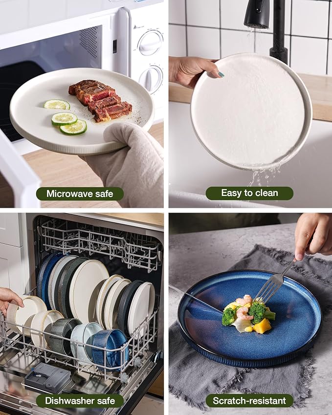 Famiware Star Stoneware Dinnerware Set, Reactive Glaze Plates & Bowls for 4 | 12-Piece Handmade Ribbed Dishes, Chip & Scratch Resistant Ceramic. Microwave & Dishwasher Safe, Rustic Modern, White & Black