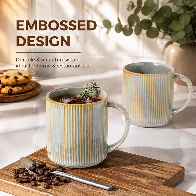 theterra Ceramic Coffee Mugs Set of 4, 14.2 oz Coffee Cups with Handle | Handmade, Suitable for Latte, Tea, Milk, Beer & Hot Cocoa, Desert Sage