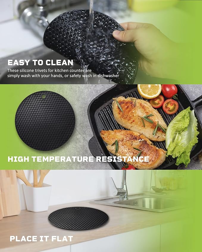Wapodeai 2pcs Silicone Mats for Kitchen Counter,Pot Holders,Trivet,Hot Pads | Potholders for Kitchens,Trivets for Hot Pots,Flexible & Easy to Wash and Dry (Black)