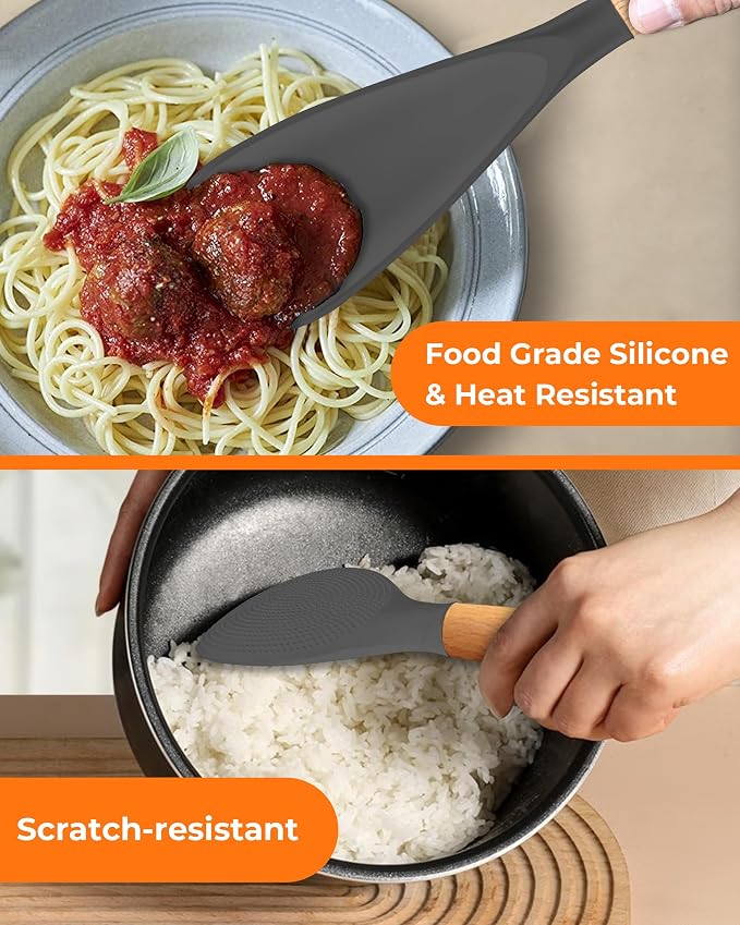 Cooking Spoon Multifunction Spoonula Silicone Spatula Spoon 2-Pack, Dual-Use Heat Resistant 446°F, BPA-Free Non-Toxic Wooden Handle Rice Spoon Set for Non-Stick Cookware & Rice Cookers