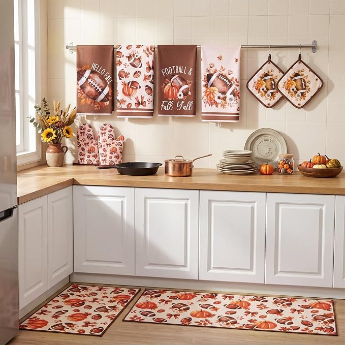 Fourluoo 10 Pcs Fall Football Kitchen Decor Set for Cooking Baking | Includes 2 Polyester Rugs, 4 Microfiber Towels, 2 Pot Holders, 2 Plus Foam Insulated Oven Mitts for Daily Kitchen Tasks.