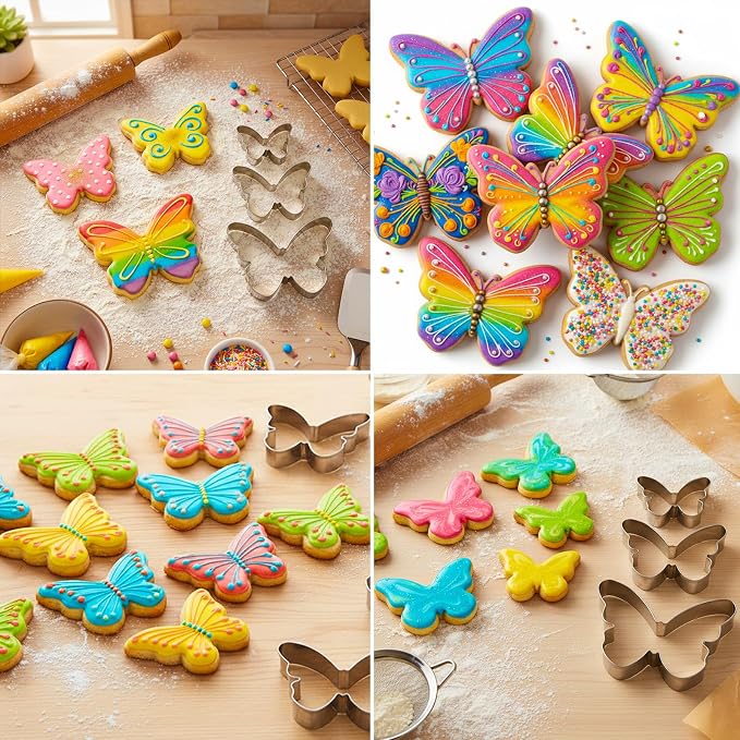 3 Pcs Butterfly Cookie Cutter Set, Stainless Steel Butterflies Shaped Baking Molds, Sandwich Cutter, Butterfly Fondant Biscuit Cutters for Biscuit, DIY Cake Craft, Pastry Decoration (3 Sizes)