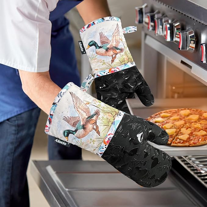 Alselo Oven Mitts 1 Pair, Silicone Printed Kitchen Mittens,7"x13.5" | Heat Resistant & Non-Slip Oven Gloves, Fashion Animal Design with Soft Quilted Cotton Lining for Baking Cooking (Darkgray2)
