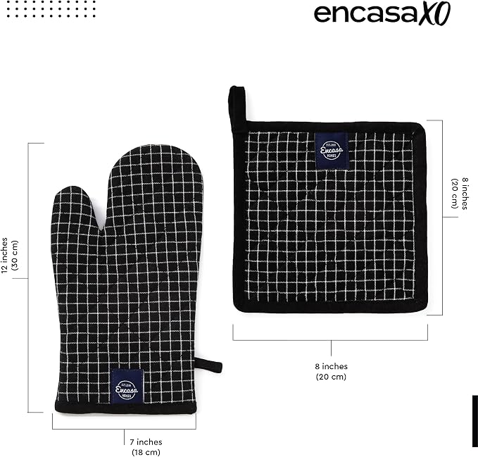 Encasa XO Oven Mitts and Pot Holders Set, Heat Resistant Cotton | Butcher Checks Black, Diamond Quilted | Non-Slip Grip | Microwave & Oven Safe | Hanging Loop | Machine Washable | Set of 2