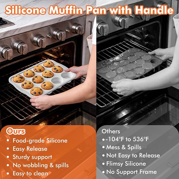 2 Pack Silicone Muffin Pan for Baking with Metal Reinforced Frame, Foldable 12 Cup Regular Size Nonstick Cupcake Pan, Muffin Tray for Baking, Dishwasher Safe Egg Bite Molds for Oven，White