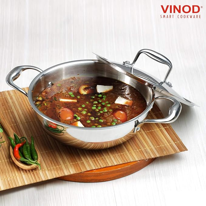 Vinod Platinum Triply Kadai with Lid, Extra Deep, 26cm, for Home Kitchen | Induction And Electric Friendly Stainless Steel Wok; Ideal For Indian Sauces, Stews And Soups