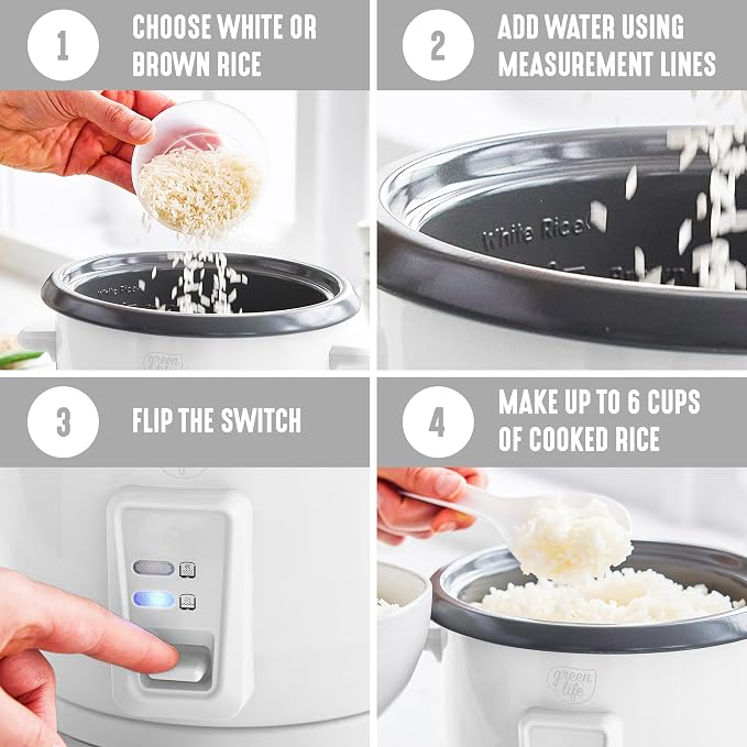 GreenLife Rice Cooker, 3-Cups Uncooked/6-Cups Cooked, White | PFAS-Free Ceramic Nonstick Removable Pot, One-Switch Design, Grains Multicooker, Keep Warm, Dishwasher Safe Parts, Easy Clean