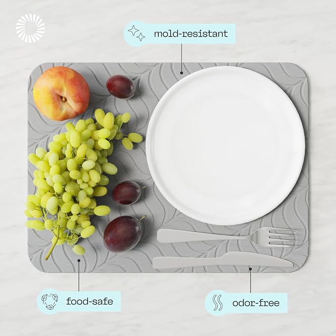 Deepstone Diatomite Stone Dish Drying Mat – Fast-Drying Natural Diatomaceous Earth Kitchen Countertop Drying Board – Super Absorbent & Non-Slip, 16 x 12 in (Gray)
