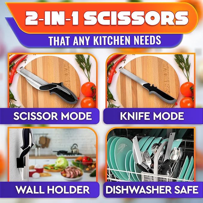 2 in 1 Kitchen Scissors for Food with Cutting Board, Safety Lock | Stainless Steel Cutting Board Scissors for Veggies, Fruit & Cheese; 9.5" Detachable Blade; Dishwasher Safe Tomato Knife