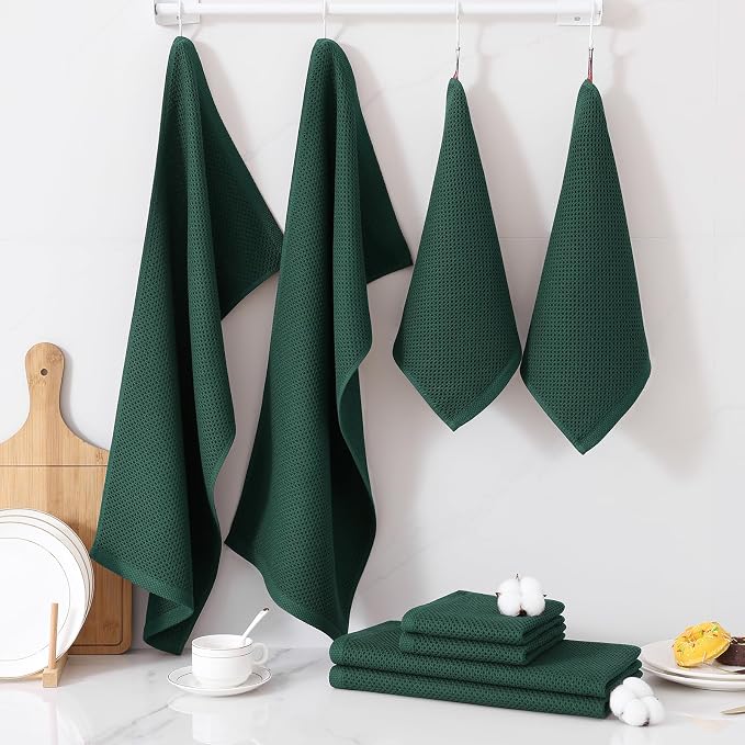 Homaxy 8 Pack 100% Cotton Kitchen Towels and Dishcloths Set, Blackish Green | 12 x 12 Inches and 13 x 28 Inches Kitchen Towels Set, Ultra Soft Absorbent Dish Cloths for Washing Dishes