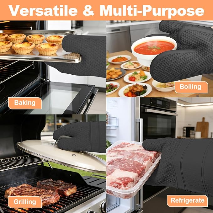 YUTAT Silicone Oven Mitts,Heat Resistant 500F Kitchen Mitts 2PCS,Perfect for BBQ, Baking and Cooking,Black