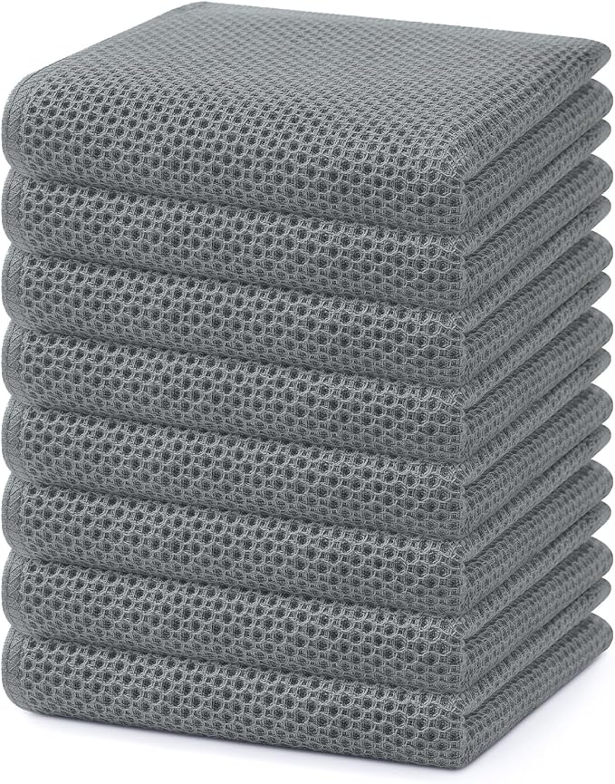 Homaxy 100% Cotton Waffle Weave Kitchen Dish Towels 8-Pack, Grey | 13 x 28 Inches, Ultra Soft Absorbent Dish Towels, Quick Drying Cleaning Towels