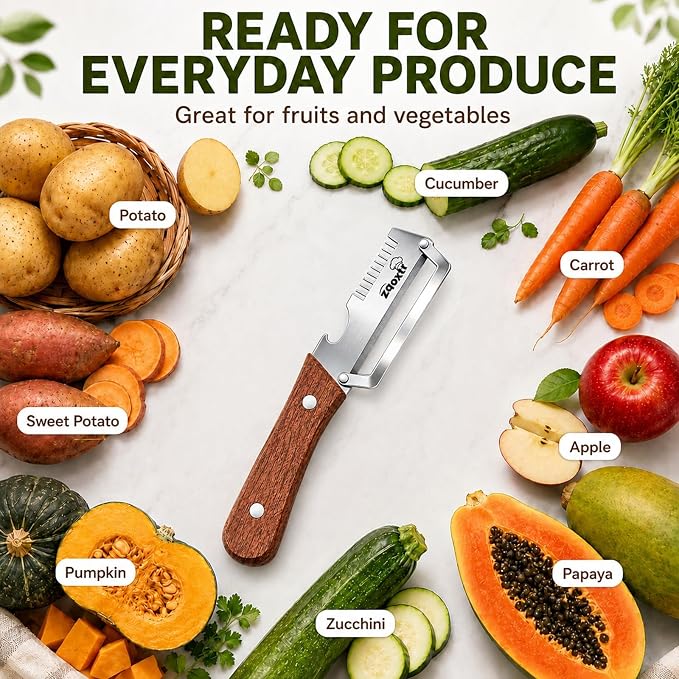3-in-1 Multifunctional Vegetable Peeler for Kitchen | Sharp Stainless Steel Blade with Wooden Handle, Scallion Shredder and Bottle Opener Fruit and Vegetables. 2Pcs