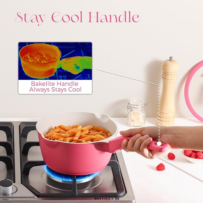 PRICUSIS Ceramic Nonstick Saucepan with Lid, 2 Quart Non Toxic Pot with Pour Spouts, Full Coated, 100% Dishwasher Safe, Induction Compatible, PTFE PFAS & PFOA Free, Raspberry Red