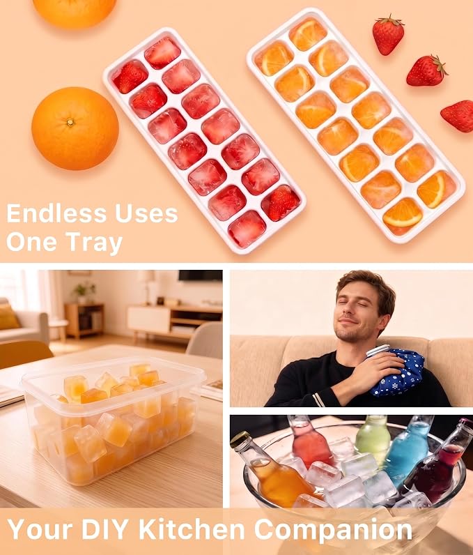 Ice Cube Trays for Freezer with Lids and Storage Bin, 4 Pack | Easy-release BPA-free ice molds with stackable lids, storage bin and dishwasher-safe design for coffee, whiskey and cocktails