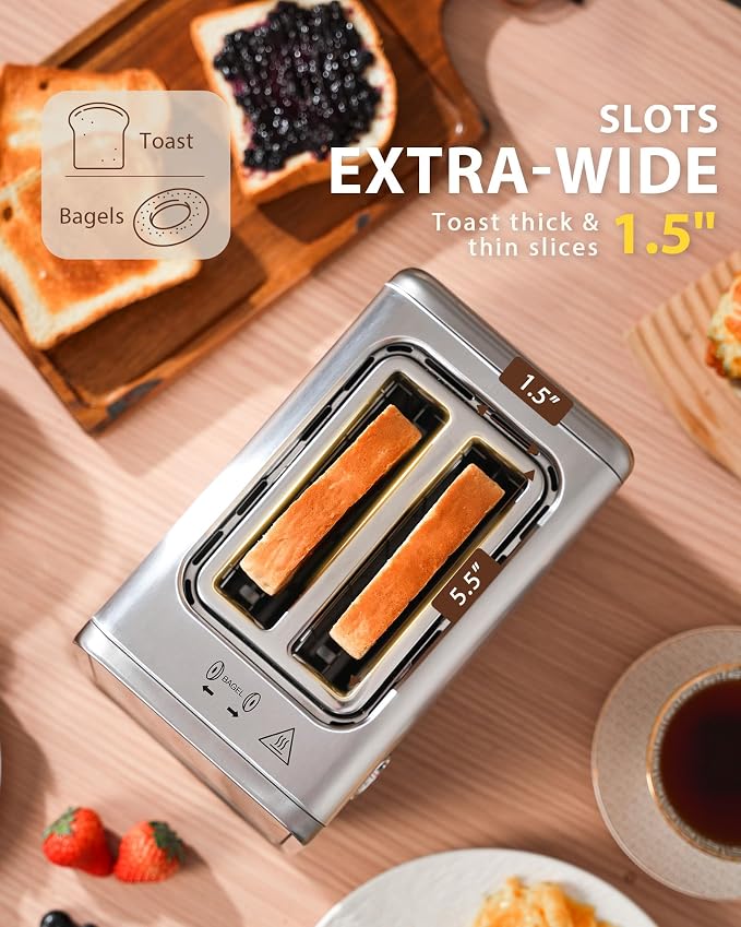 2 Slice Touchscreen Toaster with Digital Countdown & Bagel Mode | 1.5" Wide Slots, Single-Side Toasting, Bread, Waffle & Muffin Presets, Memory, 6 Shade Settings, Defrost & Reheat