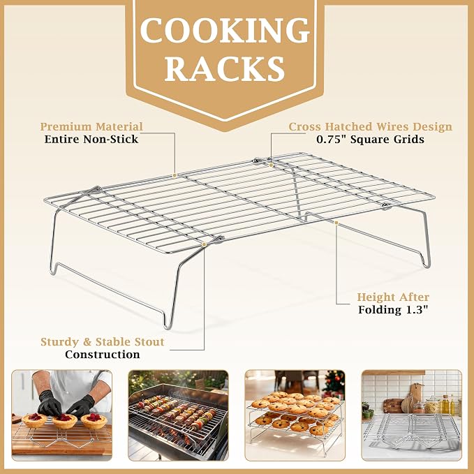 LIANYU Cooling Rack 15"x10", 6-Tier Stackable & Collapsible Cooling Racks | Stainless Steel Wire Baking Racks Fits Jelly Roll Pan, Great for Cooking, Baking, Roasting, Grilling, Oven & Dishwasher Safe