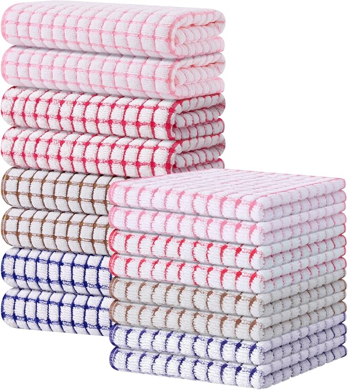 Kitinjoy Cotton 16 Pack Kitchen Towels and Dishcloths Sets, Mix Colour | 16 x 25 Inch & 12 X 12 Inch Dish Towels Bulk, Super Soft and Absorbent hand towels for kitchen Drying