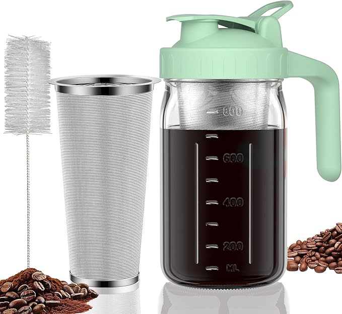 Cold Brew Coffee Maker, 32 oz Glass Mason Jar Pitcher | 100μm stainless steel filter, wide mouth design, leak-proof lid with handle, pour spout for iced coffee, tea and cold drinks